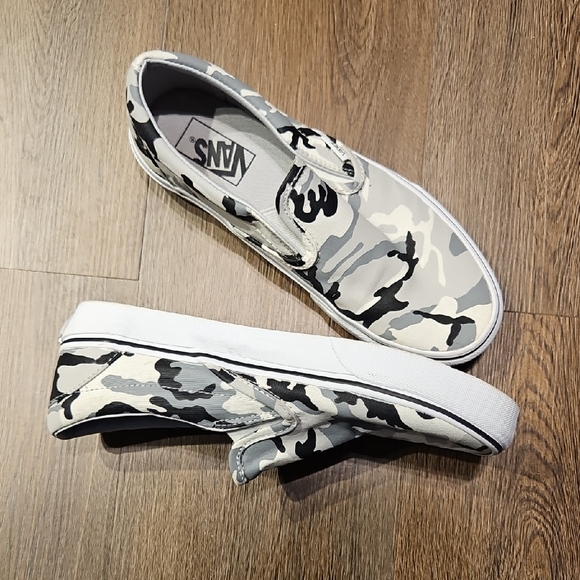 Vans Shoes - Vans Black and Gray Camouflage Slip-Ons, Sz 9 Woman